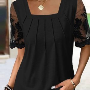 Square Neck Plain Casual Shirt, Blouses, color:Black|size:XXL, Noracora