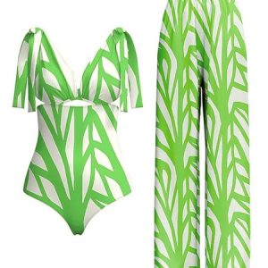 Striped Printing Casual One Piece With Cover Up, Swimsuit with Cover Ups, color:Green|size:XXL, Noracora