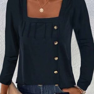 Casual Plain Square Neck Long Sleeve T-shirt, T-shirts, color:Purplish blue|size:XXL, Noracora