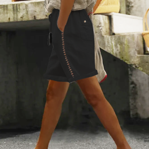 Loose Linen Plain Cotton And Linen Shorts, Shorts, color:Black|size:XXL, JustFashionNow