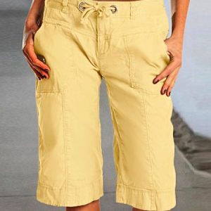 Plain Casual Cotton Eyelet Drawstring Waist Bermuda Shorts, Shorts, color:Khaki|size:XXL, JustFashionNow
