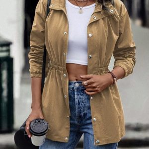 Casual Shawl Collar Plain Regular Fit Jacket, Jackets, color:Khaki|size:L, JustFashionNow