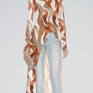Urban Turtleneck Abstract Long Sleeve Top, Blouses and Shirts, color:Multicolor|size:XXL, Stylewe