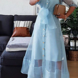 Loose Short sleeve Elegant Shirt Collar Long Dress, Maxi Dresses, color:Blue|size:XS, Stylewe