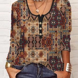 Folk Floral Round Neck Button Loose T-Shirt, T-Shirts, color:Khaki|size:XXL, JustFashionNow