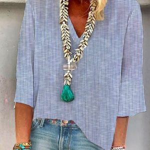 V Neck Half Sleeve Striped Regular Micro-Elasticity Loose Shirt For Women 2023, Blouses, color:Stripe|size:XXL, Noracora