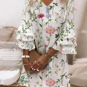 V Neck Elegant Floral Loose Dress, Dresses, color:Color4|size:3XL, JustFashionNow