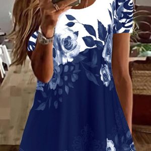 Women's Summer Tunics Crew Neck Floral Color Block Casual Tunic Top, T-Shirts, color:Blue|size:XXL, JustFashionNow