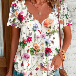 Floral Casual Loose T-Shirt, T-Shirts, color:White|size:XXL, JustFashionNow