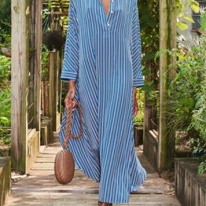Floral-Print Long Sleeve Holiday Stripes Dress, Maxi, color:Blue|size:3XL, Noracora