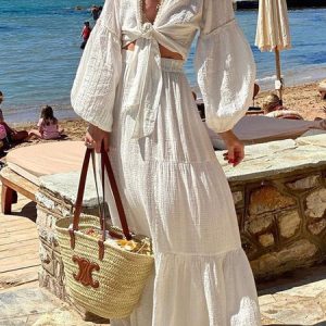 Women Plain V Neck Long Sleeve Comfy Boho Top With Skirt Two-Piece Set, Sets, color:White|size:XL, Noracora