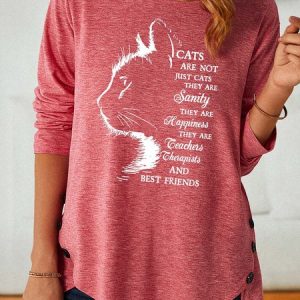 Women Cat Light Letters Loose Casual Long Sleeve Top, color:Red|size:3XL, Lilicloth.com