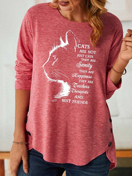 Women Cat Light Letters Loose Casual Long Sleeve Top, color:Red|size:3XL, Lilicloth.com
