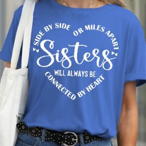 Womens Sisters Will Always Be Connected By Heart Letter Casual Short Sleeve T-Shirt, color:Blue|size:3XL, Lilicloth.com