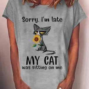 Women's Funny Cat Lover Letters T-Shirt, color:Gray|size:3XL, Lilicloth.com