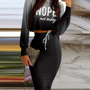 Women Text Letters Crew Neck Long Sleeve Comfy Casual Drawstring Top With Skirt Two-Piece Set, Sets, color:Black|size:XL, Noracora