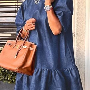 Plain Loose Urban Faux Denim Mini Dress With Brooch, Mini Dresses, color:Blue|size:XXL, Stylewe
