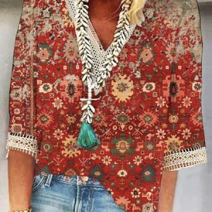 Lace Vacation Loose Ethnic T-Shirt, Shirts & Blouses, color:Red|size:XXL, JustFashionNow