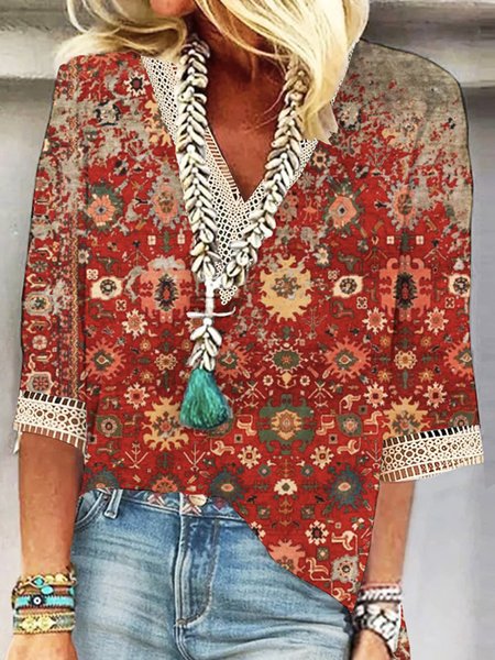 Lace Vacation Loose Ethnic T-Shirt, Shirts & Blouses, color:Red|size:XXL, JustFashionNow