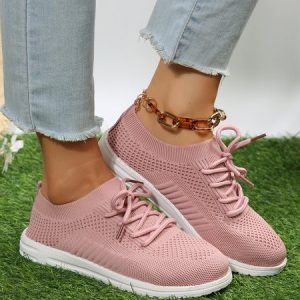 Perspiration Breathable Shock Absorption Solid Color Flyknit Sneakers, Sneakers, color:Pink|size:43, JustFashionNow