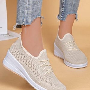 Casual Lace-up Decor Breathable Flyknit Wedge Heel Slip On Sneakers, Sneakers, color:Apricot|size:40, JustFashionNow
