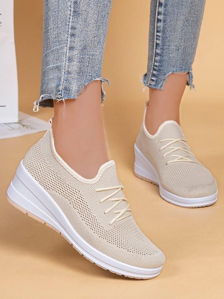 Casual Lace-up Decor Breathable Flyknit Wedge Heel Slip On Sneakers, Sneakers, color:Apricot|size:40, JustFashionNow