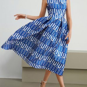 Crew Neck Geometric Regular Fit Elegant Wedding Guest Dress, Midi Dresses, color:Blue|size:XXL, Stylewe