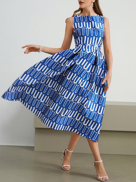 Crew Neck Geometric Regular Fit Elegant Wedding Guest Dress, Midi Dresses, color:Blue|size:XXL, Stylewe