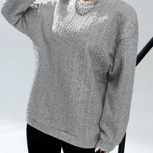 Geometric Loose Crew Neck Drop Shoulder Cable Textured Pullover Sweatshirt, Sweatshirts & Hoodies, color:Gray|size:XXL, JustFashionNow