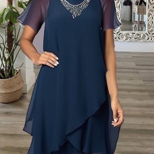 Womens Elegant Crew Neck Dress, Dresses, color:Navyblue|size:XXL, JustFashionNow