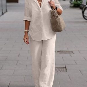 Loose Shirt Collar Linen Two-Piece Set, Suit Set, color:White|size:XXL, JustFashionNow