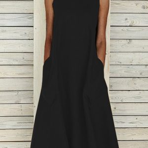 Women Casual Plain Sleeveless Crew Neck Pockets Cotton and Linen Summer Midi Tank Dress, Midi Dresses, Roselinlin - Online Catalog