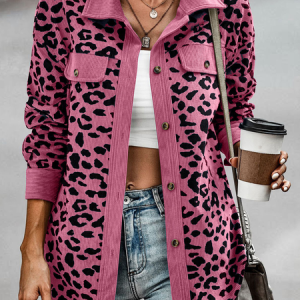 Shawl Collar Long Sleeve Leopard Regular Loose Jacket For Women, Jackets, color:Rose Red|size:3XL, Noracora