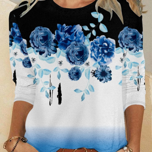 Women's Crew Neck Floral Simple Regular Fit Shirt, color:Blue|size:3XL, Lilicloth.com