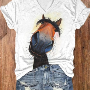 Women's Funny Horse Print Cotton-Blend Casual T-Shirt, T-shirts, Lilicloth.com