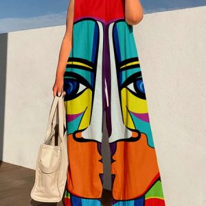 Abstract Crew Neck Loose Vacation Sleeveless Jumpsuit, Jumpsuits, color:As Picture|size:XXL, Stylewe