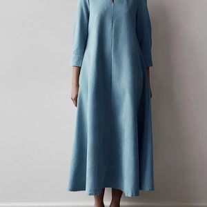 Stand Collar Plain Regular Fit Urban Dress With Belt, Maxi Dresses, color:Blue|size:XXL, Stylewe