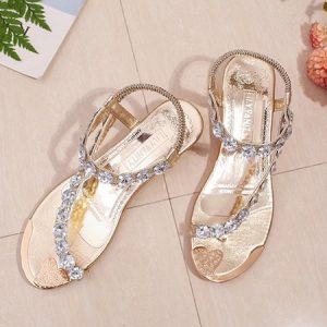 Rhinestone Thong Wedge Sandals, Sandals, color:Golden|size:41, JustFashionNow