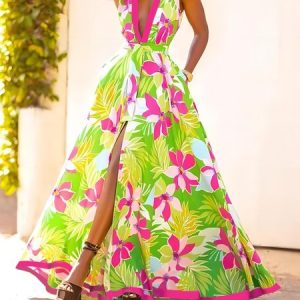 Stylewe Floral Maxi Dress V Neck Vacation Dress, Maxi Dresses, color:As Picture|size:XXL, Stylewe