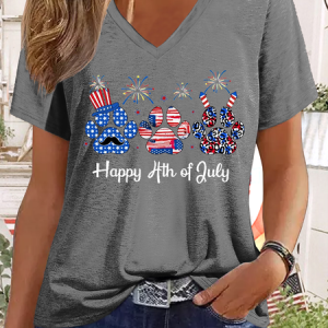 Women's Happy 4th Of July Dog Lover Regular Fit Casual America Flag T-Shirt, color:Deep Gray|size:3XL, Lilicloth.com