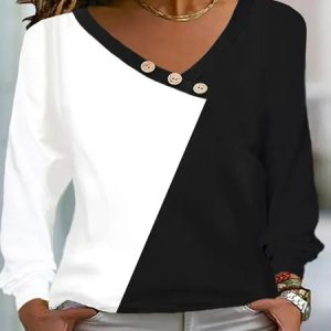 Plus Size Color Block Buckle Loose Casual T-Shirt, T-shirts, color:Black-white|size:4X, Noracora