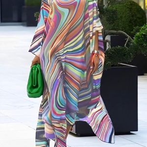 Cold Shoulder Vacation Abstract Loose Dress, Maxi Dresses, color:Multicolor|size:XXL, Stylewe