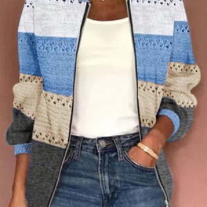 Women Wool/Knitting Contrast Stitching Long Sleeve Comfy Casual Zipper Cardigan, Cardigans, color:Blue|size:XXL, Noracora