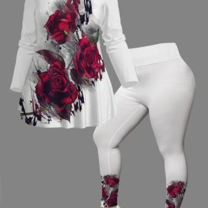 Crew Neck Casual Floral Regular Fit Two-Piece Set, Suit Set, color:White|size:XXL, JustFashionNow