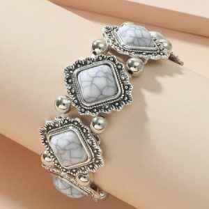 Square Turquoise Decor Vintage Bangle, Bracelets, color:White|size:One-size, JustFashionNow