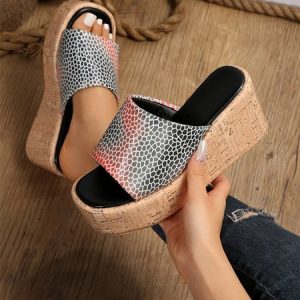 Gradient Seabed Stone Pattern Holiday Beach Wedge Sandals, Sandals, color:Black|size:43, Noracora