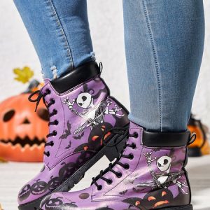Halloween Skull Pumpkin Bat Purple Upper Booties, Boots, color:Purple|size:43, JustFashionNow