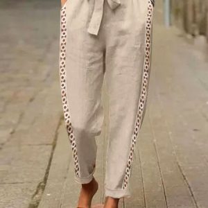 Plain Hollow Out Lace Pockets Lace-up Casual Pants, Pants, color:Khaki|size:XXL, JustFashionNow