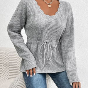 V Neck Plain Sweater, Sweaters, color:Gray|size:XXL, JustFashionNow