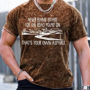 Men’s Never Blame Others For The Road You’re On That’s Your Own Asphalt Text Letters Regular Fit Crew Neck Casual T-Shirt, color:Brown|size:3XL, Lilicloth.com